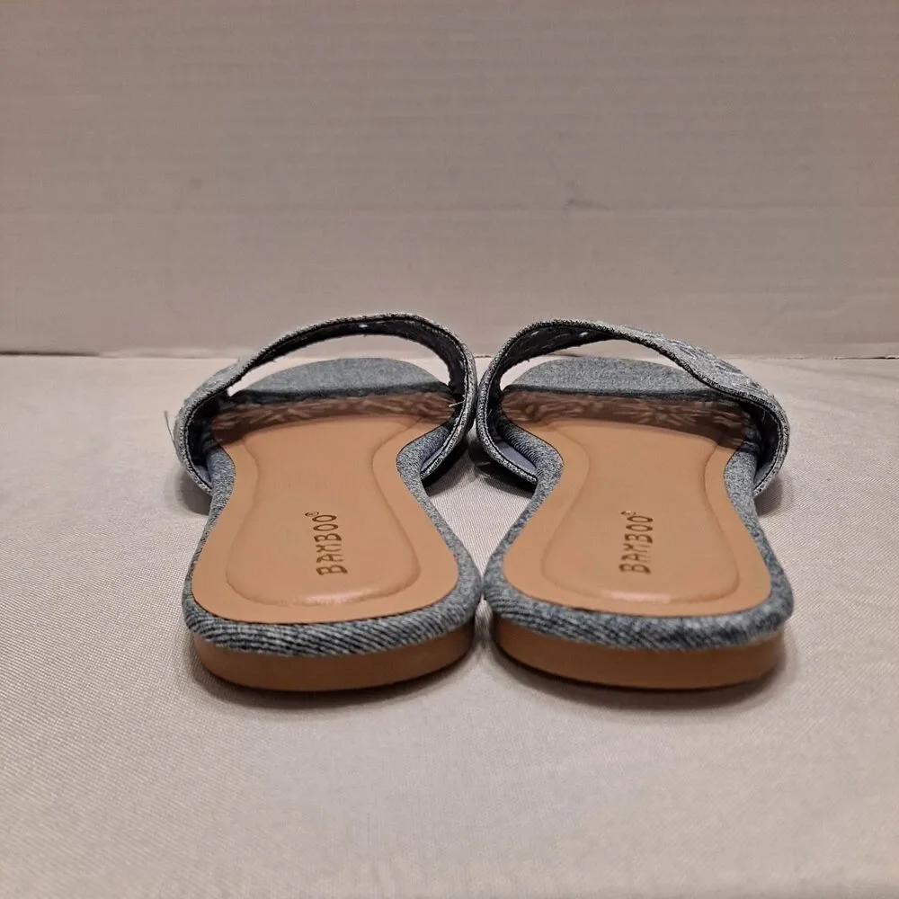 Bamboo Women's Denim Slide Sandals Size 7.5 Blue Floral Embroidered Perforated